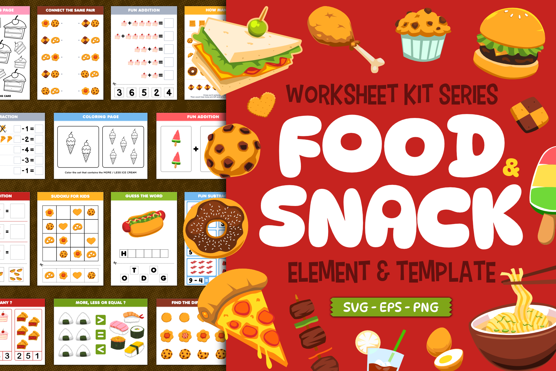 Worksheet Kit Food and Snack cartoon character children illustration clipart cute design education element food illustration kids illustration snack template vector worksheet