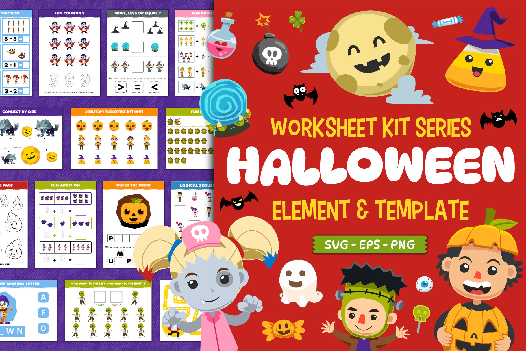 Worksheet Kit Halloween cartoon character children illustration clipart costume cute design education element halloween holiday illustration kids illustration spooky template vector worksheet