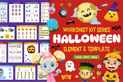 Worksheet Kit Halloween cartoon character children illustration clipart costume cute design education element halloween holiday illustration kids illustration spooky template vector worksheet