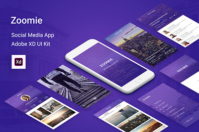 Zoomie - Social Media Adobe XD App friends media mobile photo profile retina sharing sketchapp social ui uikit ux vector video