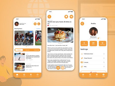 Medern News App mobile design modern design news application orange color simple design ui ux