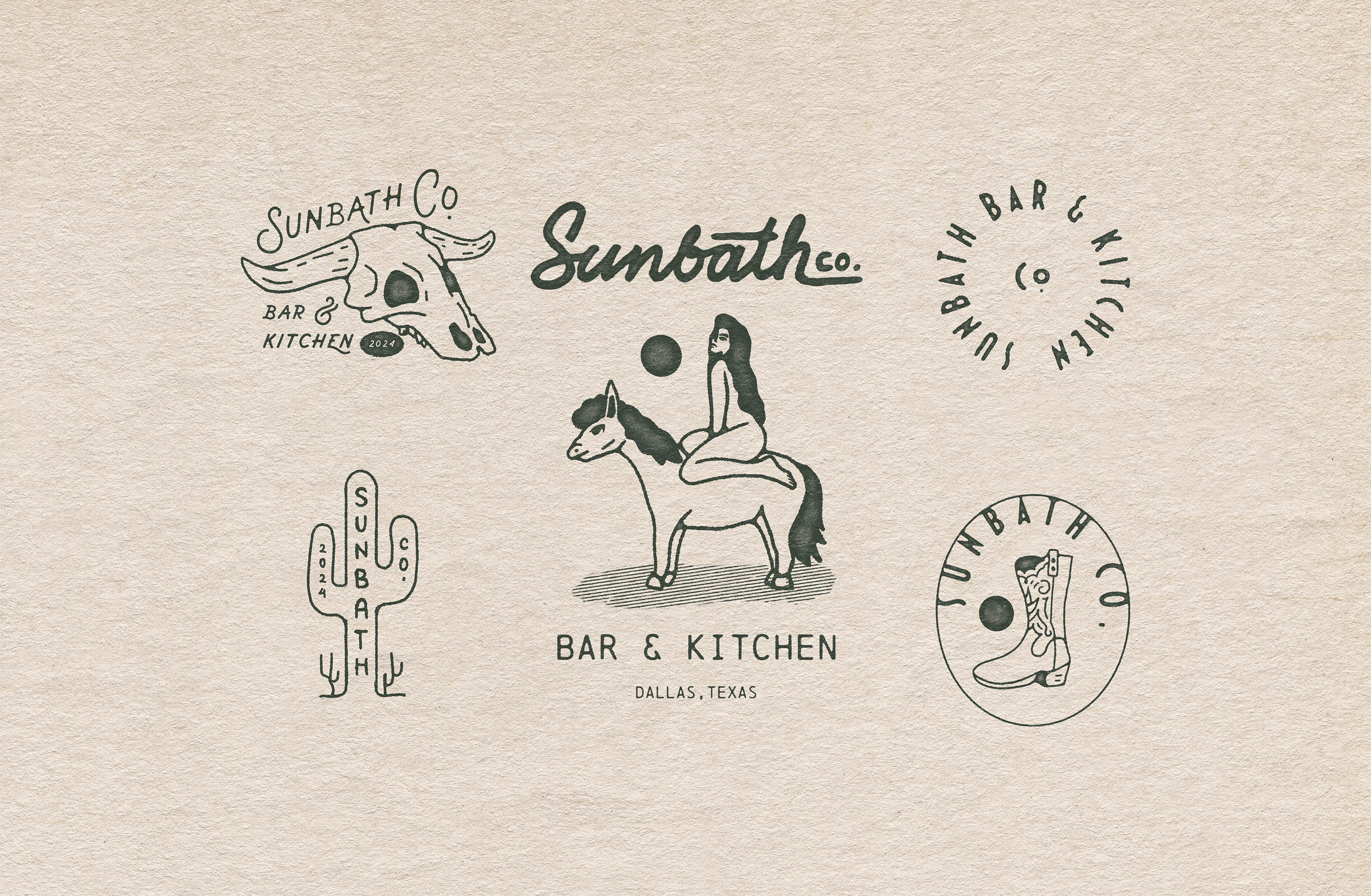 Sunbath Co. Bar and Kitchen Branding artwork bar brand identity branding design graphic design handcrafted handmade illustration kitchen lettering logo logo design logotype retro typography vector vintage
