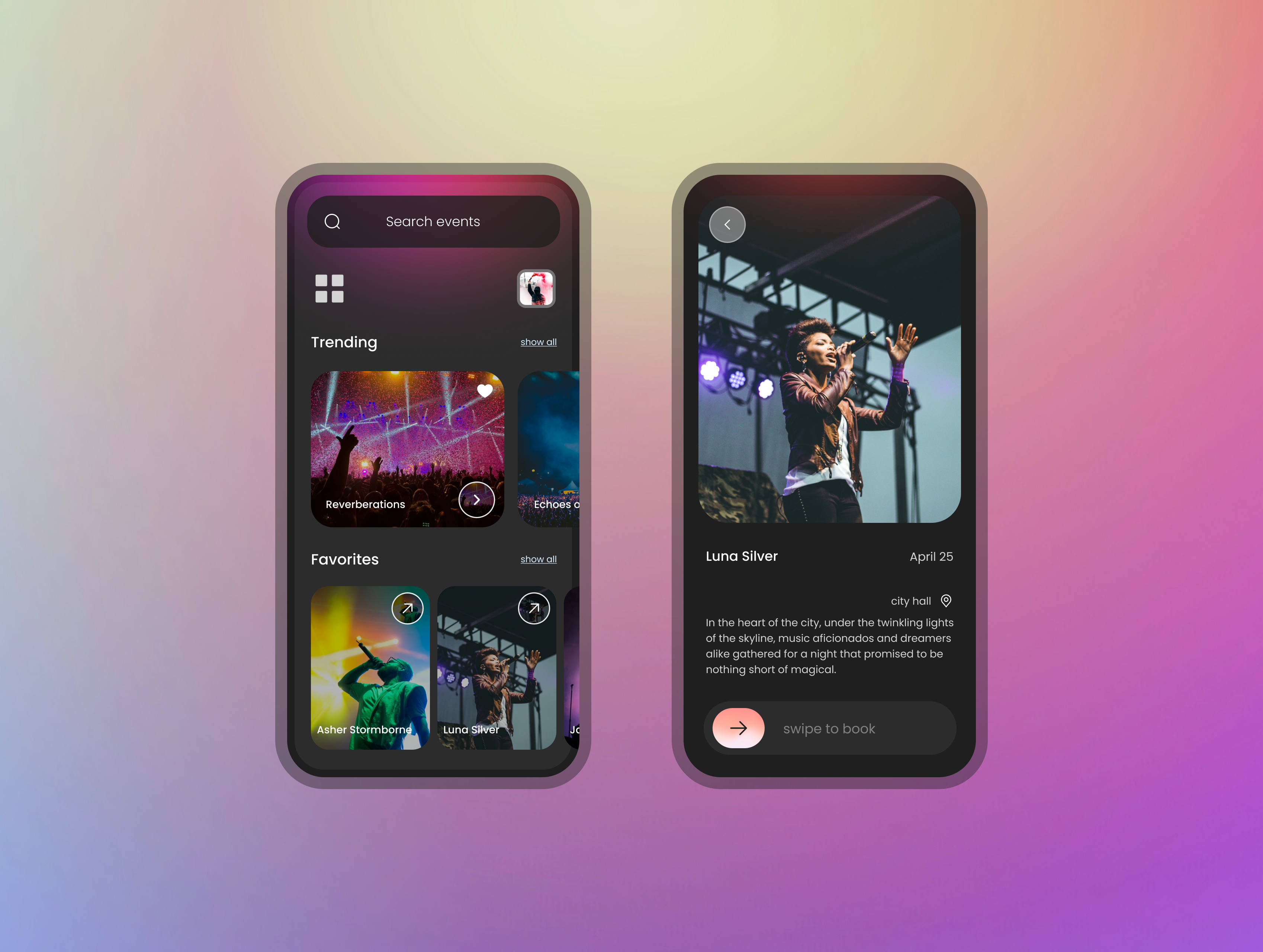 Event App - Mobile UI Design app design concert booking app concerts event app event booking app event bookings gradient local events mobile app design mobile ui shows booking shows near me ticket app ticket booking ui ux