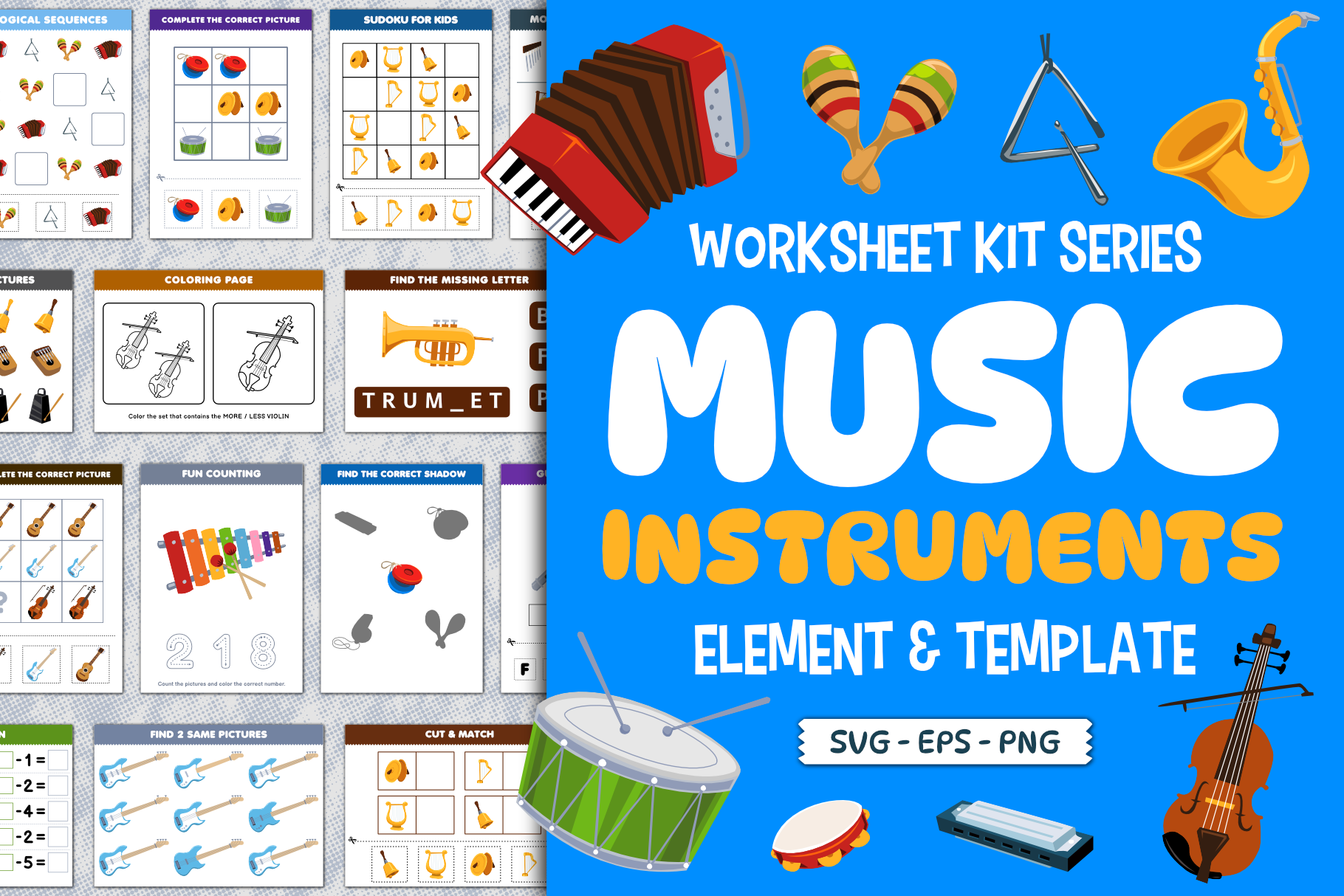 Worksheet Kit Music Instruments cartoon character children illustration clipart design education element illustration instrument kids illustration music object template vector worksheet