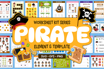 Worksheet Kit Pirate adventure cartoon character children illustration clipart cute design element game illustration kids illustration pirate template vector worksheet