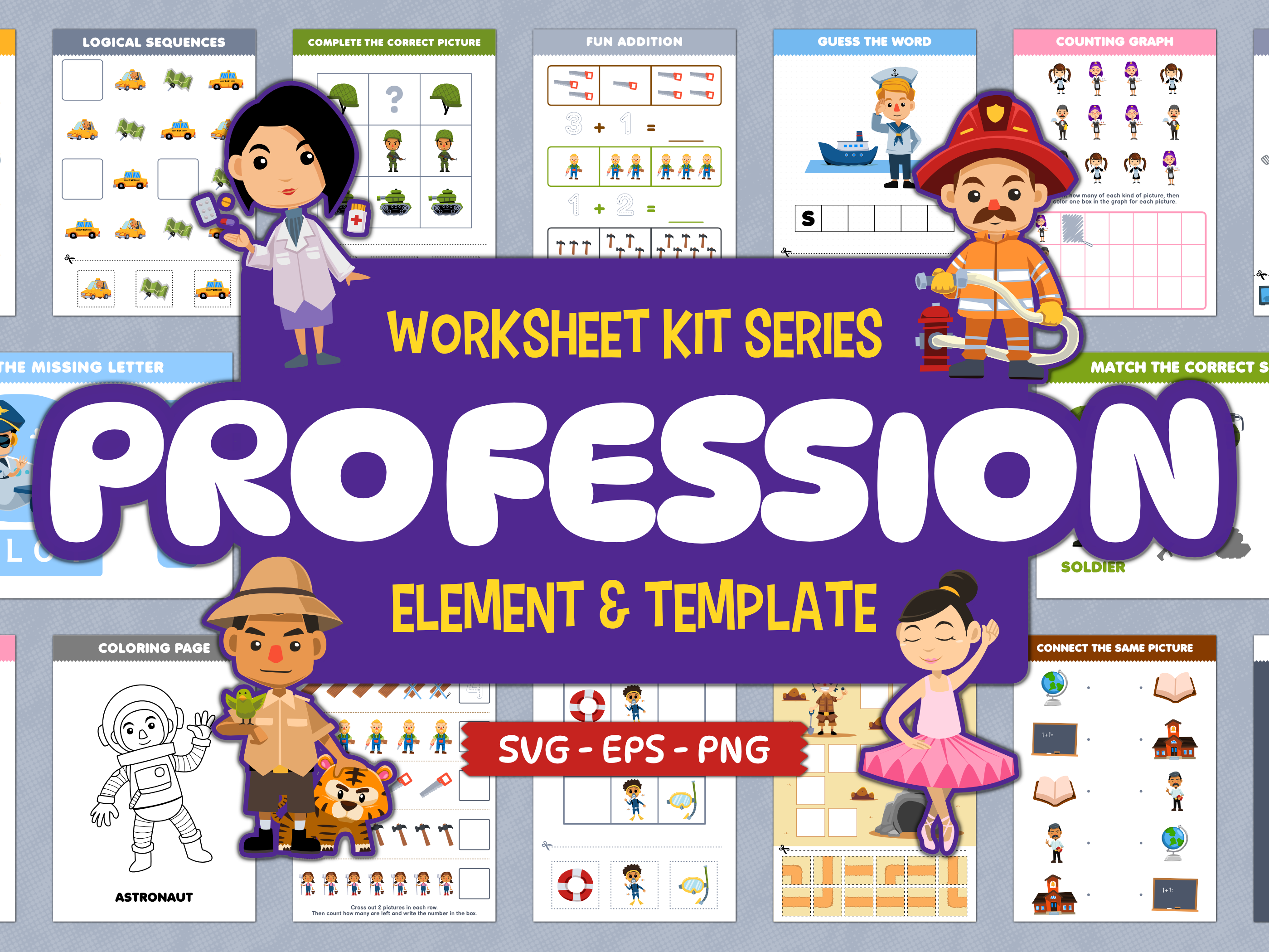 Worksheet Kit Profession cartoon character children illustration clipart cute design education element game illustration job kids illustration people profession template vector worksheet