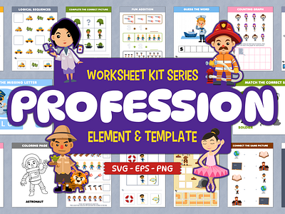 Worksheet Kit Profession cartoon character children illustration clipart cute design education element game illustration job kids illustration people profession template vector worksheet