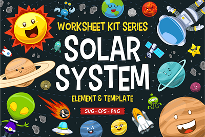 Worksheet Kit Solar System cartoon character children illustration clipart cute design education element galaxy game illustration kids illustration solar system space template vector worksheet