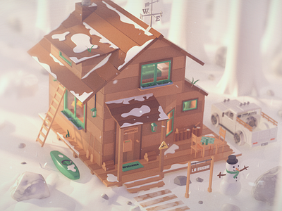 Winter Time v2 3d animation cabin cozy design forest graphic design illustration motion motion graphics render snow snowman truck winter wood