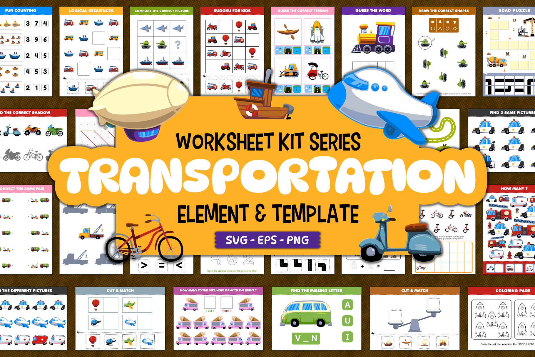 Worksheet Kit Transportation car cartoon children illustration clipart design education element game illustration kids illustration object template transport transportation vector vehicle worksheet