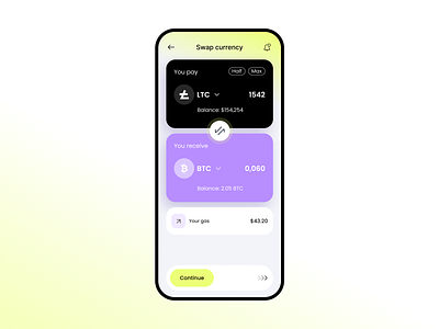 Swap Currency Mobile App UX/UI Design app app design crypto landing page landing page design mobile mobile app swap currency ui ui design uiux ux wallet website design