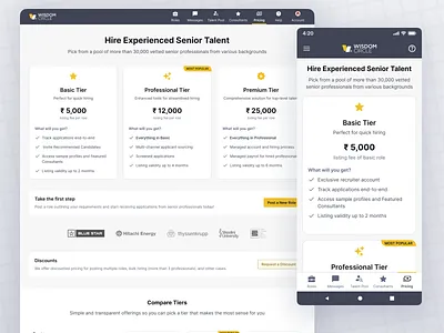 Pricing Page for WisdomCircle - Web and Mobile Designs branding card checkout daily ui dailyui 030 dailyui030 landing page membership mobile design modal plans price table pricing pricing page pricing plans pricing table recruiter tier ui web design
