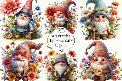 Watercolor Cute Hippie Gnome Clipart digital graphics