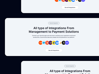 Integration section business button companies component cta design exploration figma integration section integrations label management payment product design ui ui section ux web design