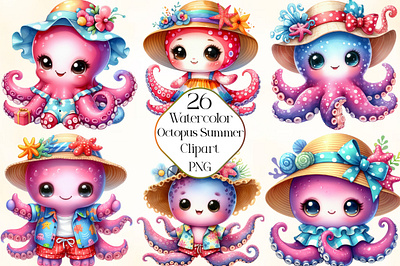 Watercolor Baby Octopus Summer Clipart squid