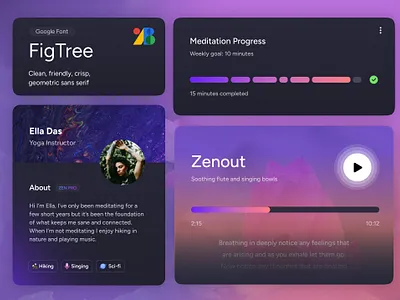 Meditation App Components card component card design clean components dark design figtree google fonts gradients lyrics meditation mobile app modern music player pink player profile card progress bar purple tags ui