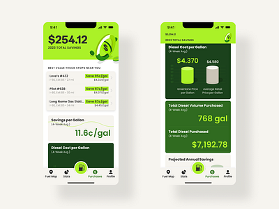 Fintech Solution for Gas Discounts An App Experience app b2c branding design direct to consumer discounts figma fintech gas graphs illustration neongreen react trucking typography ui user experience ux