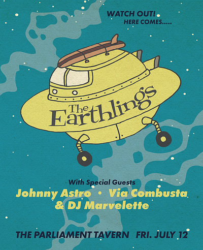 The Earthlings Gig Poster band design gig poster illustration lettering logo mightymoss scifi space surf rock the earthlings vintage