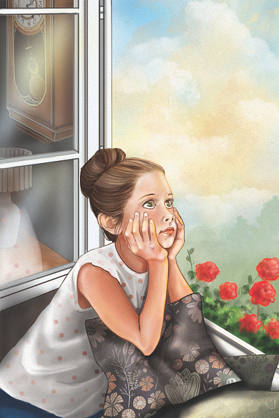 girl at the window digital painting illustration