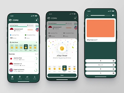 Comu - Learning Language App app application clean course daily streak design education language language app learn learn language learning learning language learning language app mobile mobile app mobile design quiz quiz app