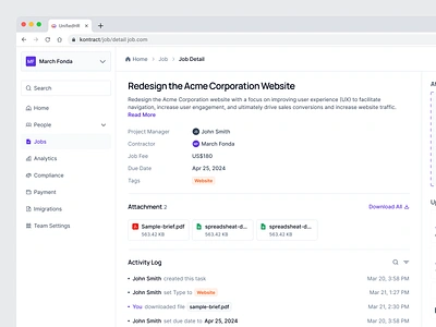 UnifiedHR → Detail Job Dashboard activity attachment contractor dashboard detail jobs hr dashboard product design upload files uploading