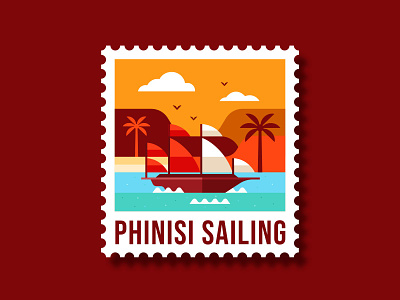 Phinisi Sailing beach boat cloud design drawing holiday illustration island landscape ocean palm sail sailboat sea water waves