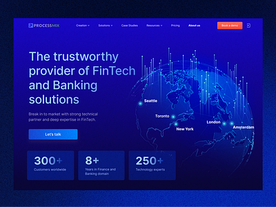 Banking and Fintech hero landing about us page backend tool banking blue interface brand website design concept financial product fintech globe hero concept hero section infographic landing page location map low code platform product marketing product website ui user interface webpage