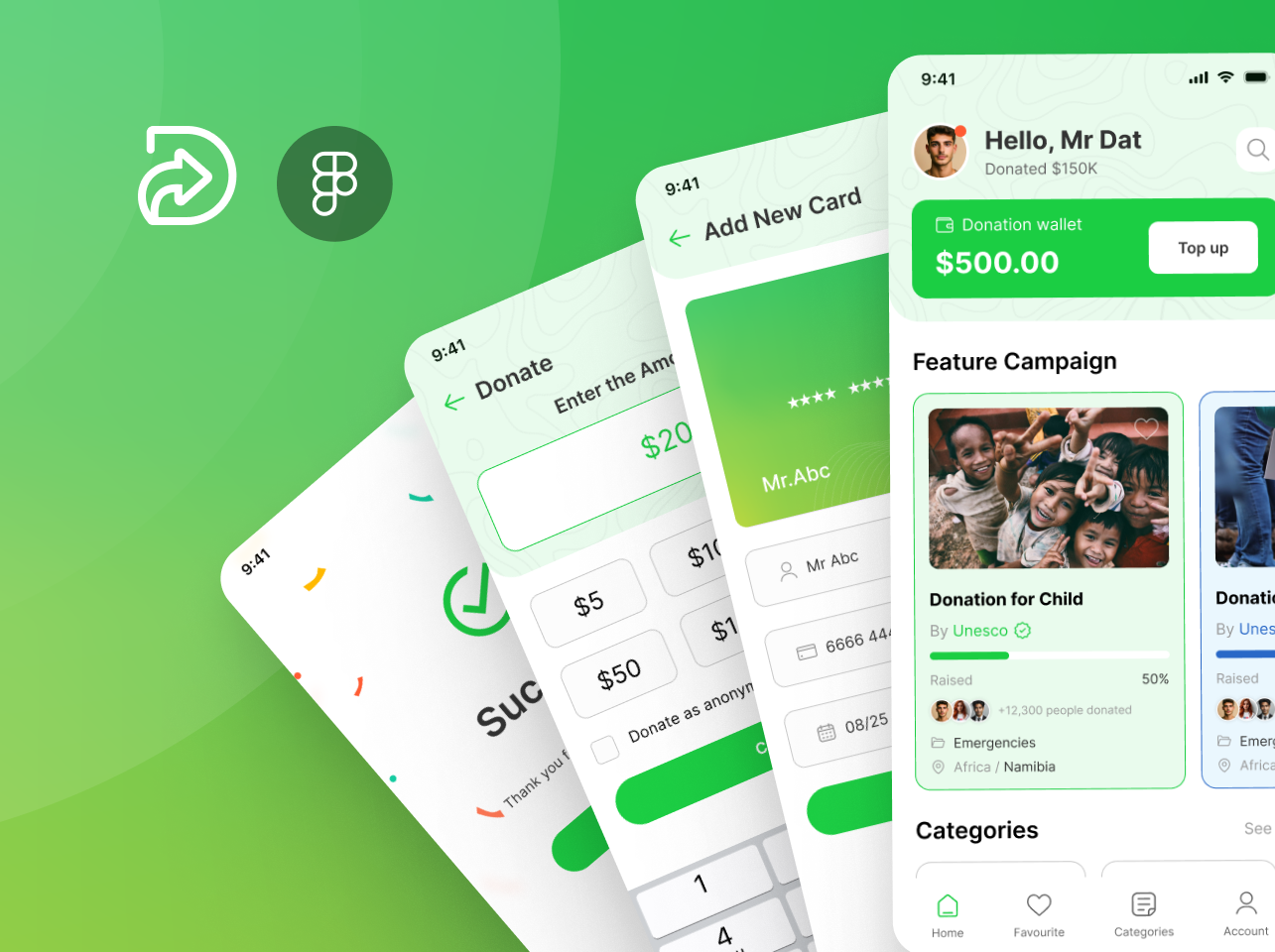 DONA - Donation, Charity, & Fundraising App UI Kit app clean design design system donate donation figma freebie green mobile uikit