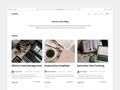Lumina - Blog UI blog branding clean design community blog daily ui graphic design interaction design personal blog simple design task management todo trending ui ui ui design ux design visual design web design website website design