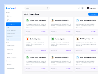 Automation tools CRM Connections Page Dashboard Design ai automation artificial intelligence dashboard product design saas dashboard website design