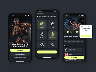 Fitness App app design branding fitness app graphic design illustration ios app social media sport app ui ux wellness app yellow app