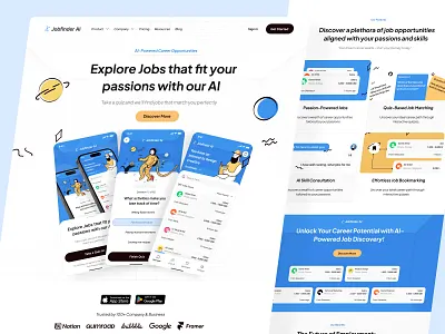 Jobfinder AI - Job Finder App with AI Website Design ai app ai blue career finder indeed job job finder job listing job portal job street landing page recruitment saas ui web website website design work yellow