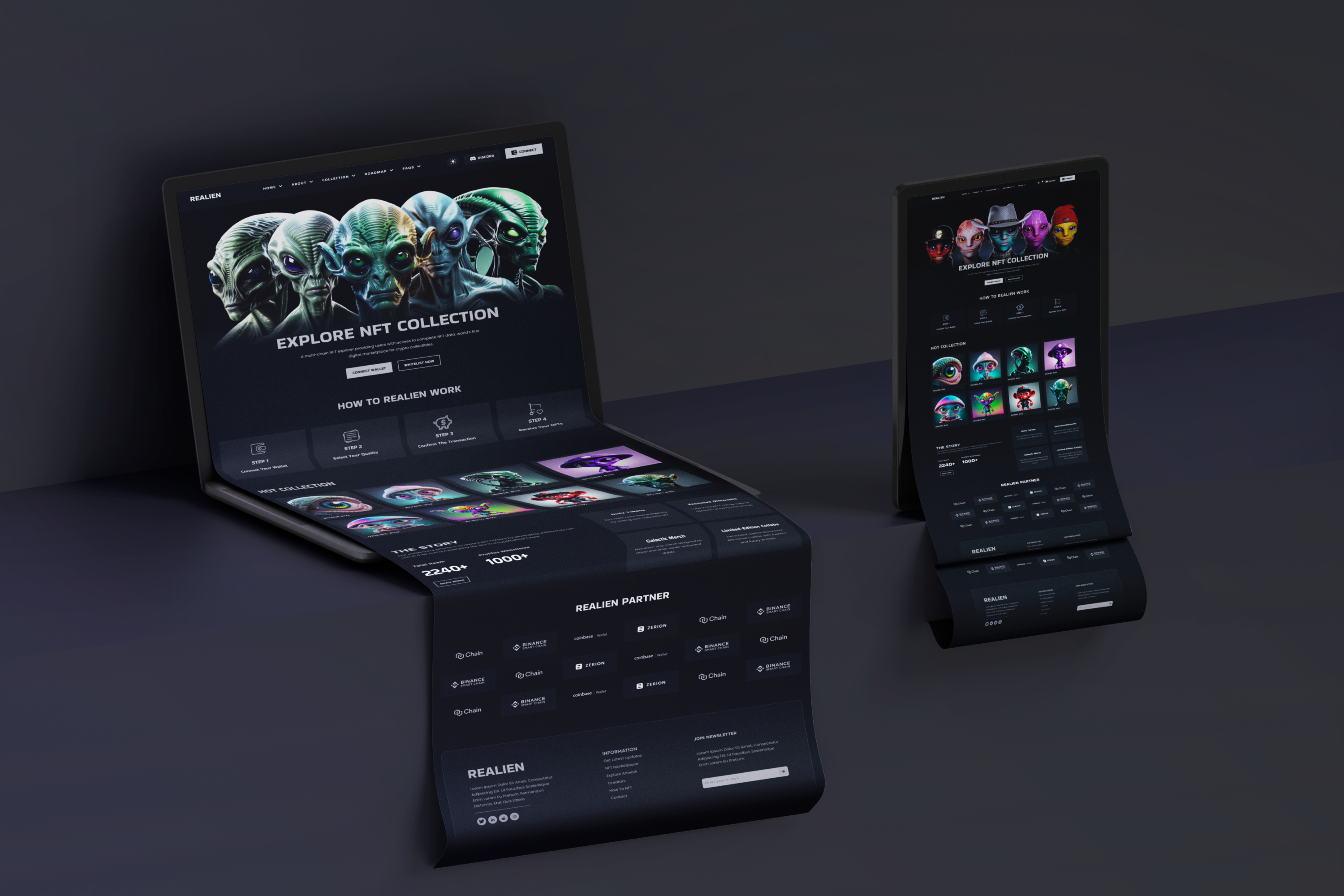 NFTs Website Design- REALIEN alien badshariaz blockchain crypto design hero section illustration landing page mobile nft nft design nft website realien sell nft trading ui ux web design website website design