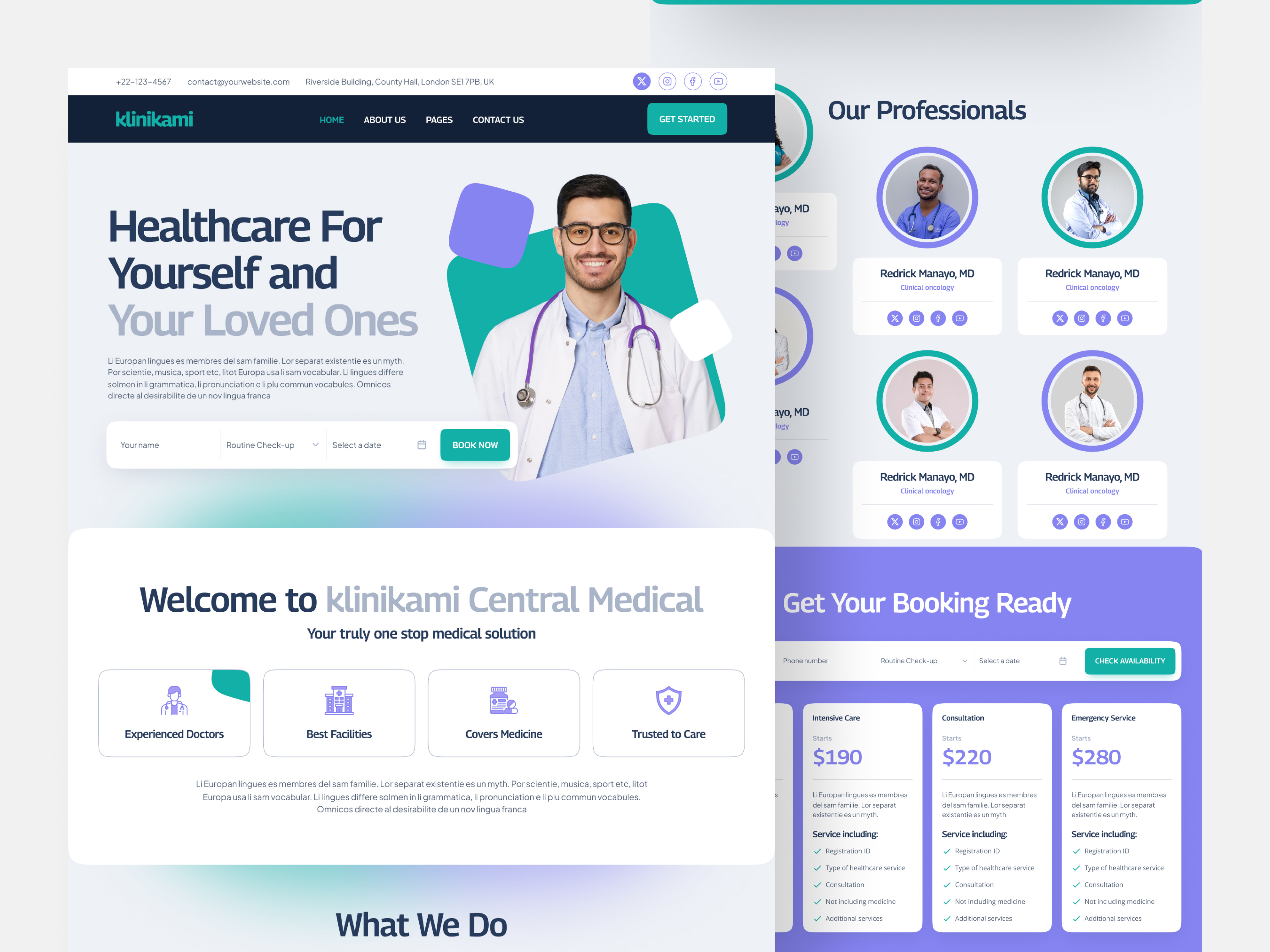 Healthcare Service Web Design - Klinikami booking branding creative creative website doctor health healthcare hospital icons medical modern professional web design purple reservation ui ui kit uiux user interface web design wellness