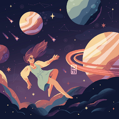 Among the stars ✨ atmosphere beautiful character childrenbook cosmo digital dream girl illustration journey minimal planet procreate stars universe