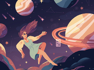 Among the stars ✨ atmosphere beautiful character childrenbook cosmo digital dream girl illustration journey minimal planet procreate stars universe