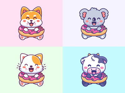 Animal Donut 🍩 animal cat chacater character cow cute dog donut donuts food illustration kitten kitty koala mascot pet shiba sweet