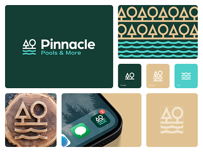 Pinnacle creative design forest icon lake logo mark outdoor pine pool water waves