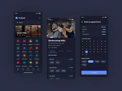 Probook - Booking mobile app appointment app booking app booking app mobile dark theme mobile app mobile app dark mobile app ui mobile app ux