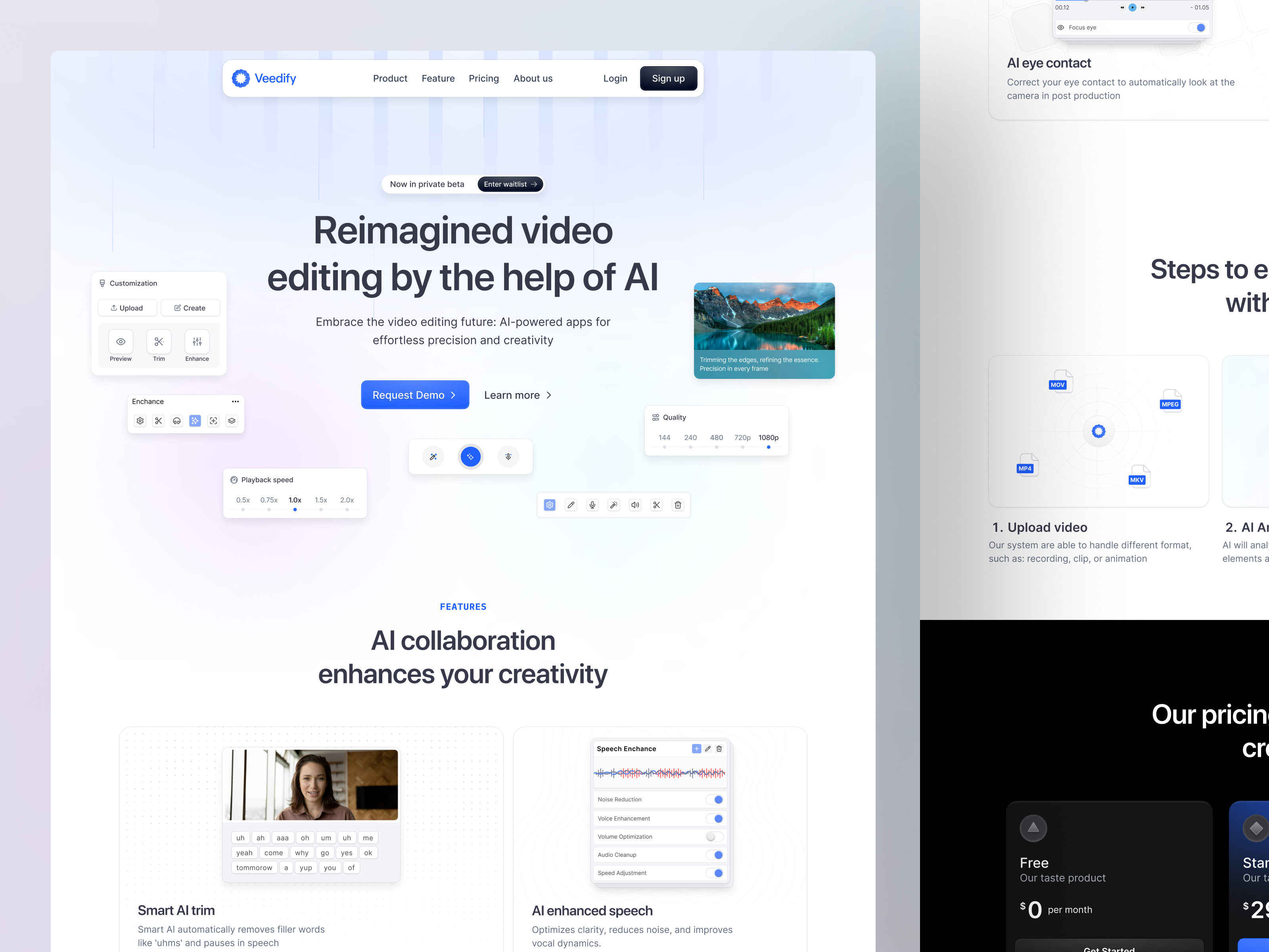 Veedify - AI Video Generator Landing Page ai ai video ai website ai website design artificial intelegence clean components dashboard editing editing video editor light mode product product design saas tools video editing video editing tool web design website