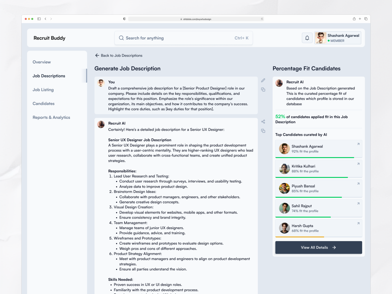 Recruit Buddy - AI Recruitment Dashboard ai crm dashboard dashboardui hr productdesign ui uidesign ux uxdesign webapp