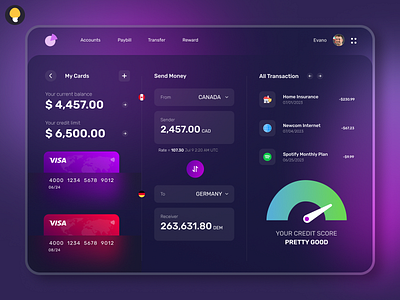 Dark theme bank dashboard: Send money, manage cards cashewdesign ui uidesign ux uxdesign