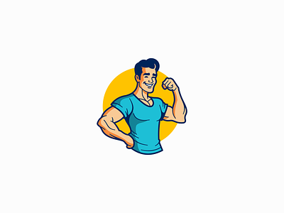Happy Man Flexing Arm Logo biceps branding cartoon character design emblem fitness flexing gym happy icon illustration logo man mark mascot muscles vector