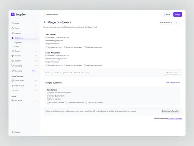 ShopZen - Merge customer adding customer admin customer dashboard customer detail customer info customer merge page customer page dashboard ecommerce information marketing dashboard merge customers new customers product product design saas shopify ui ux web app website