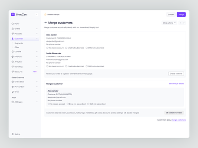 ShopZen - Merge customer adding customer admin customer dashboard customer detail customer info customer merge page customer page dashboard ecommerce information marketing dashboard merge customers new customers product product design saas shopify ui ux web app website