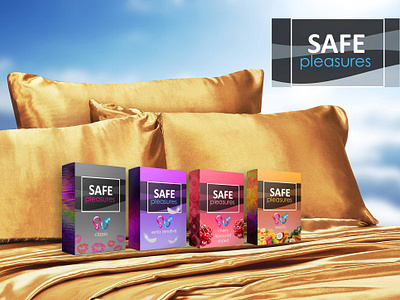 Logo, packaging & ads for a condom brand "Safe Pleasures" ad ads banner brand identity condom brand exotic landing page logo logo design luxury mockup package package design packaging