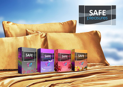 Logo, packaging & ads for a condom brand "Safe Pleasures" ad ads banner brand identity condom brand exotic landing page logo logo design luxury mockup package package design packaging
