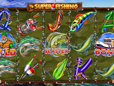 Super Fishing casino casinogames casinoslots digitalart fish fisherman fishing gambling gamedeveloper gaming graphic design hook ocean onlineslots ship slot slotanimation slotmachine