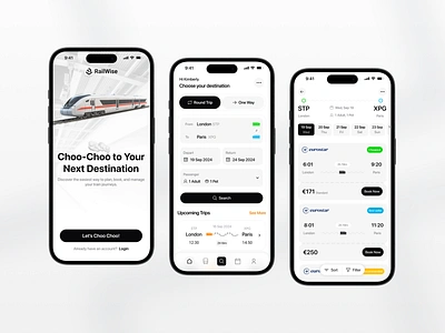 RailWise Train Booking App! 🚂🎟️ app design booking booking app clean flight flight booking minimal mobile mobile app mobile design public transport railway ticket train train app train booking train booking app transportation vacation