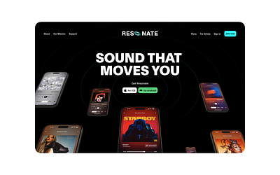 Resonate Music - Landing hero landing page music streaming app ui web design website